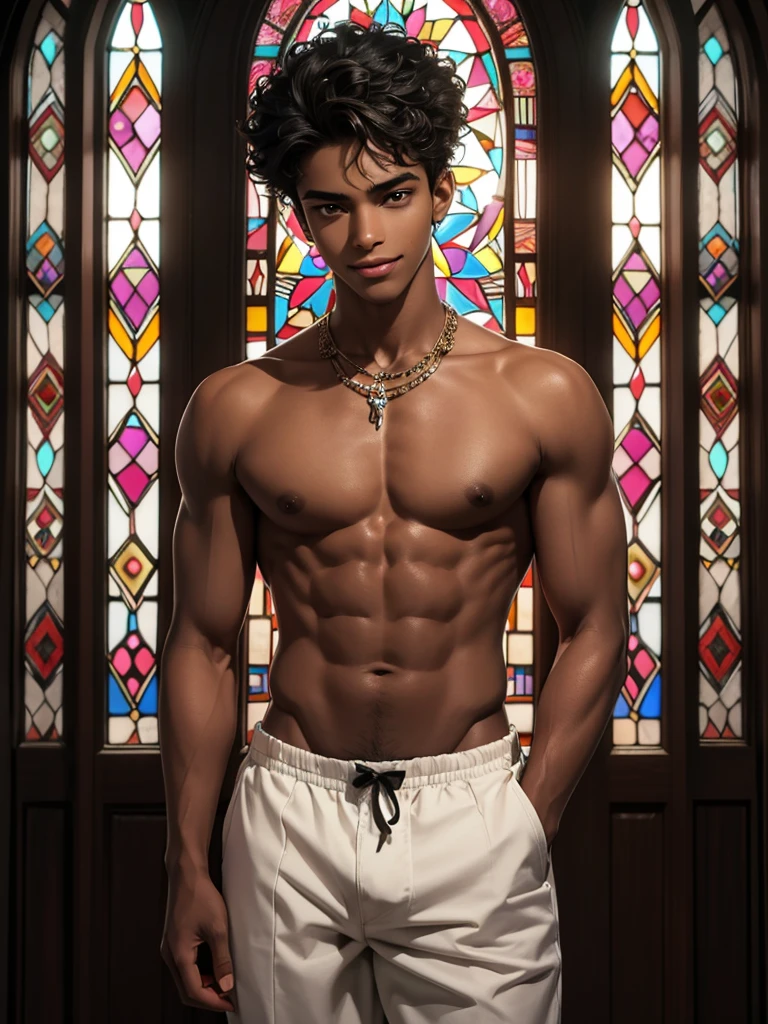 A skinny, dark-skinned age boy with black, curly African hair. He has brown eyes, full lips, and his face is clean shaven. He is smiling. He has a royal tiara on his head. He is wearing skimpy, feminine royal clothing. He has big nipples and a bulge. He is standing in a medieval room in front of colorful stained glass. Brown skin, dark skin, deep skin, African male, 1_boy, twink, femboy