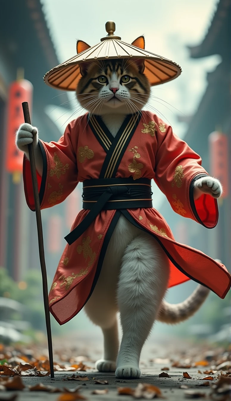 Create an image of a cat standing upright in traditional East Asian attire ( red ), wearing a wide bamboo hat on the head, walking pose