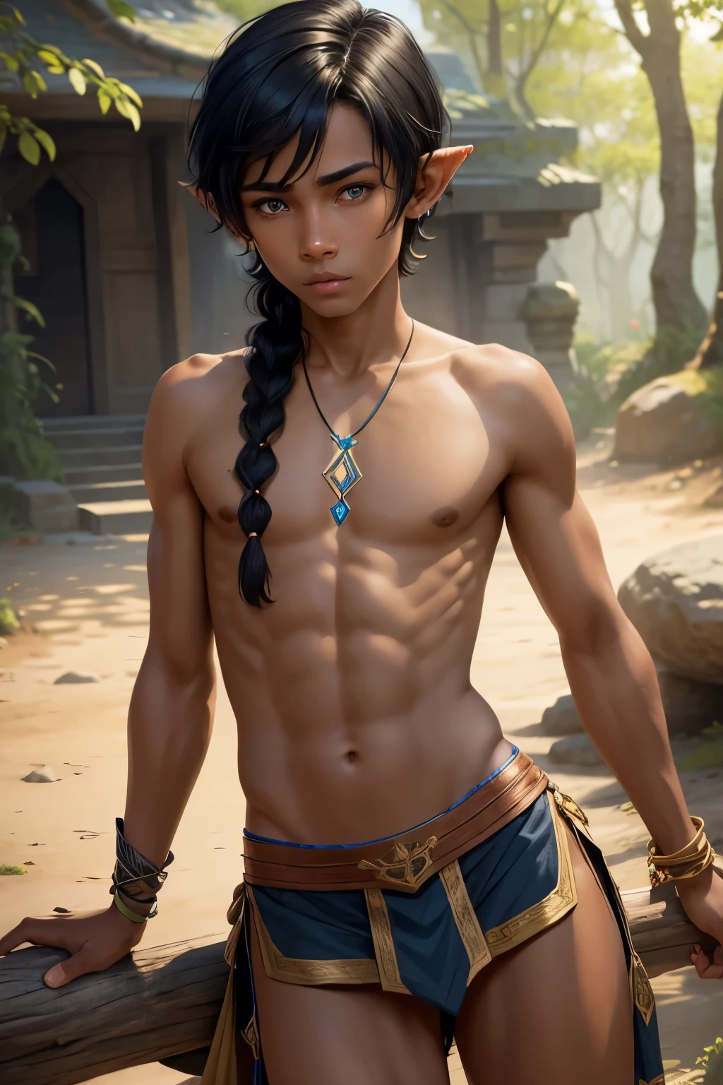 1boy, elven, cute face, pointed ears, brown skin, tan skin, dark skin, blue eyes, black hair, short hair, one braid, sexy, tribal