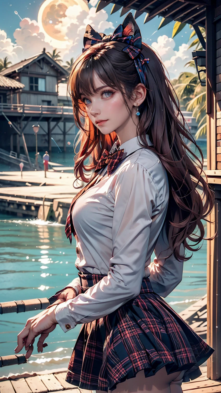 (One girl, size), (guitar alone), bubble skirt, aqua shirt, bow, bowtie, button, collared shirt, Expressionless, Eyebrows hidden by hair, fox mask, Cowboy Shot, Long Hair, Long sleeve, mask, multicolored button, Pink Eyes, Pink Hair, orange skirt, Plaid, Plaid shirt, purple bow, purple bowtie, shirt, skirt, alone, very Long Hair, Ocean, Ocean, Beach, cloudy, sunlight, evening, moon, cloud, null, Outdoor, cloudy null, leaf, Remains, Sunbeam, Post-apocalyptic, Side view