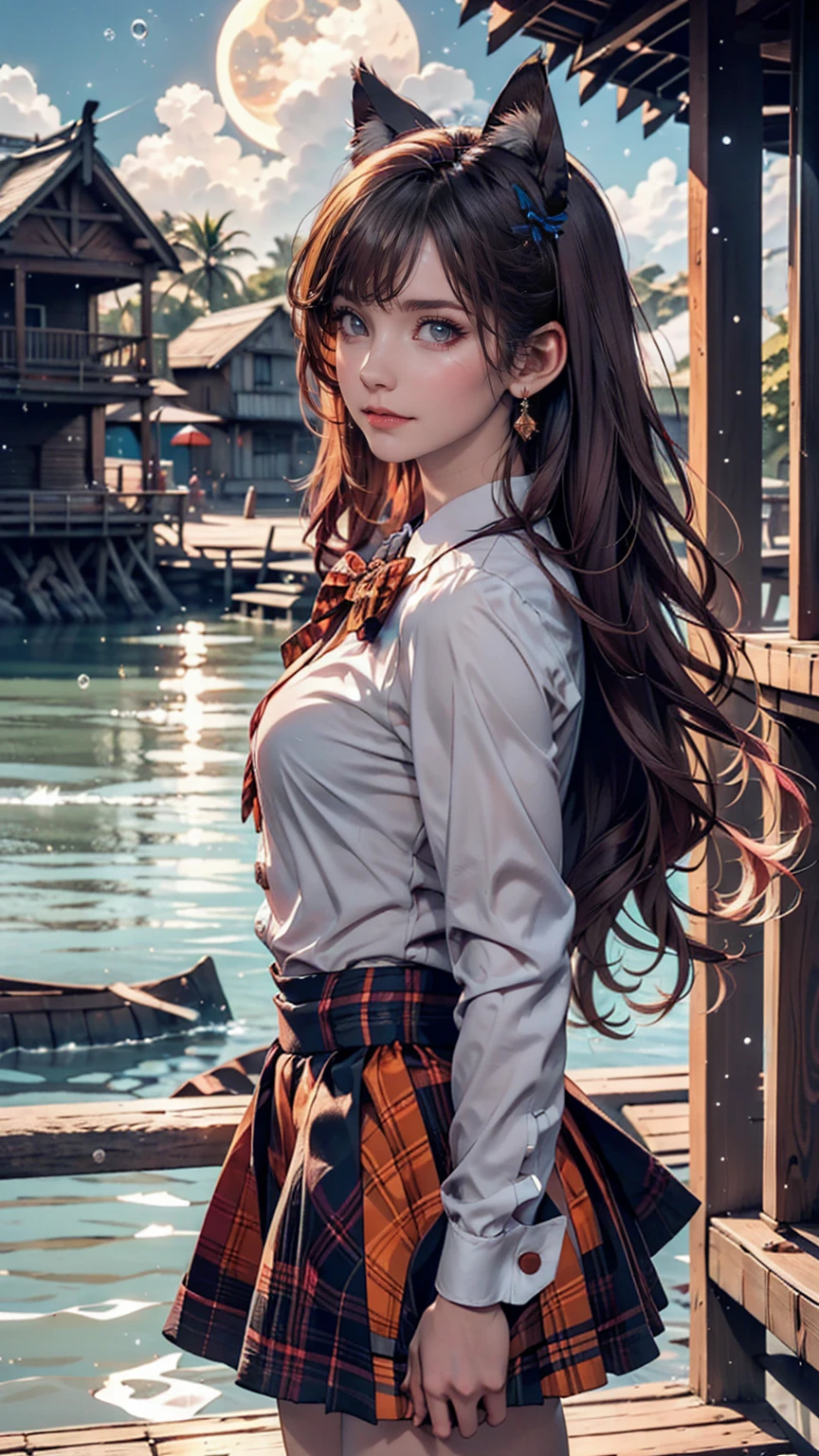 (One girl, size), (guitar alone), bubble skirt, aqua shirt, bow, bowtie, button, collared shirt, Expressionless, Eyebrows hidden by hair, fox mask, Cowboy Shot, Long Hair, Long sleeve, mask, multicolored button, Pink Eyes, Pink Hair, orange skirt, Plaid, Plaid shirt, purple bow, purple bowtie, shirt, skirt, alone, very Long Hair, Ocean, Ocean, Beach, cloudy, sunlight, evening, moon, cloud, null, Outdoor, cloudy null, leaf, Remains, Sunbeam, Post-apocalyptic, Side view