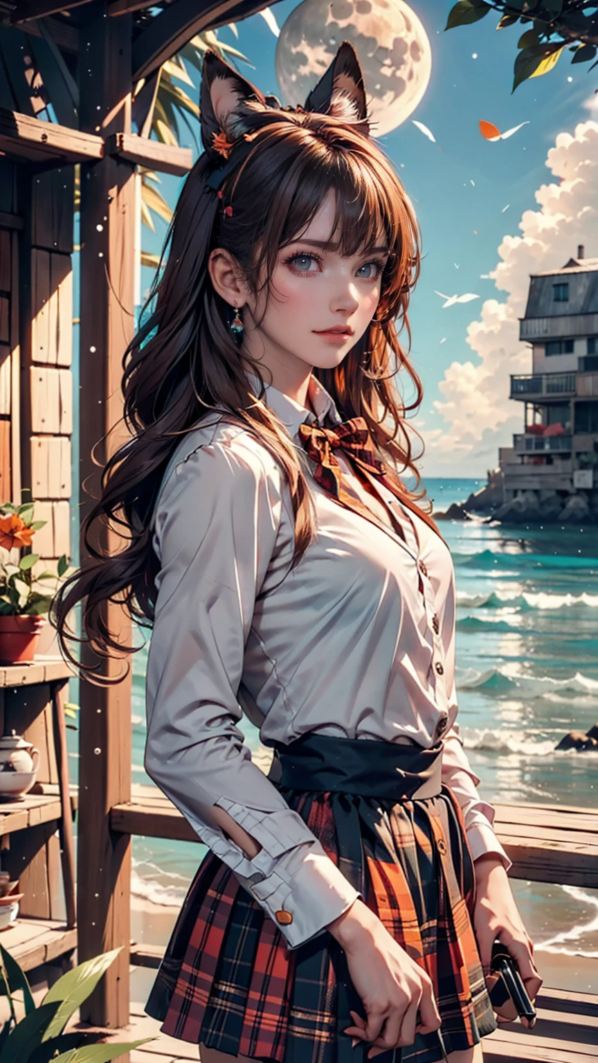 (One girl, size), (guitar alone), bubble skirt, aqua shirt, bow, bowtie, button, collared shirt, Expressionless, Eyebrows hidden by hair, fox mask, Cowboy Shot, Long Hair, Long sleeve, mask, multicolored button, Pink Eyes, Pink Hair, orange skirt, Plaid, Plaid shirt, purple bow, purple bowtie, shirt, skirt, alone, very Long Hair, Ocean, Ocean, Beach, cloudy, sunlight, evening, moon, cloud, null, Outdoor, cloudy null, leaf, Remains, Sunbeam, Post-apocalyptic, Side view