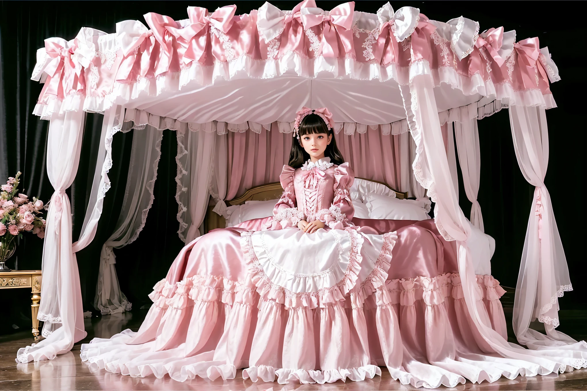 Photography,highest quality, masterpiece, highest resolution, artwork, super それにget used to it, many get used to it, get used to it, それにget used to it,(), Girl, 10 years old,the girl is a princess,((girly dark pink satin fabric)), ((A Victorian ballgown dress with plenty of pink ruffles and bows and a voluminous full-length hoop skirt.)),long sleeve,long dress,A dress with lots of frills and ribbons..,luxury,((Palace bedroom)),((Huge square victorian canopy king size bed)),lots of frilly pillows,ruffle bed skirt,