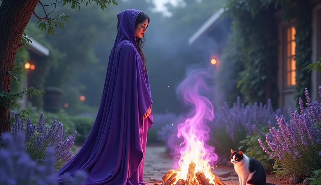 woman with violet priestess cloak, facing a bonfire with violet fire, in the garden of your house, convey depth, lots of plants and lavender and two cats keeping you company