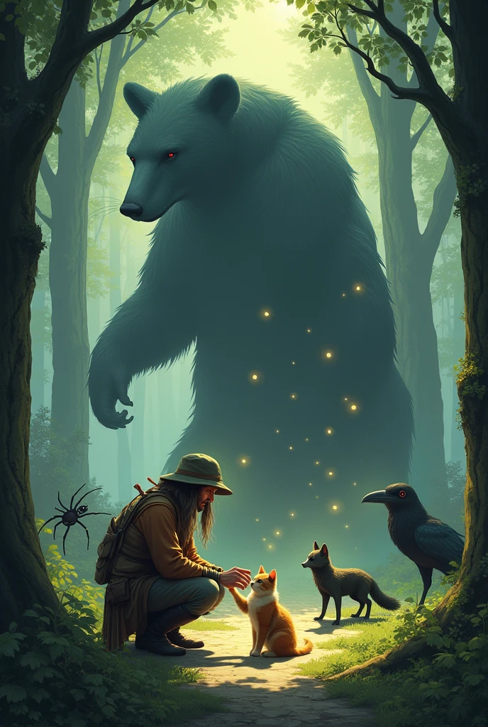 A classic RPG ranger, mystic, crouched down petting a cat and surrounded by a spider, a crow, a fox and a bear formed from his shadow, blacks with bright eyes. Everyone with their shining eyes. The largest of them being at the back of the scene..