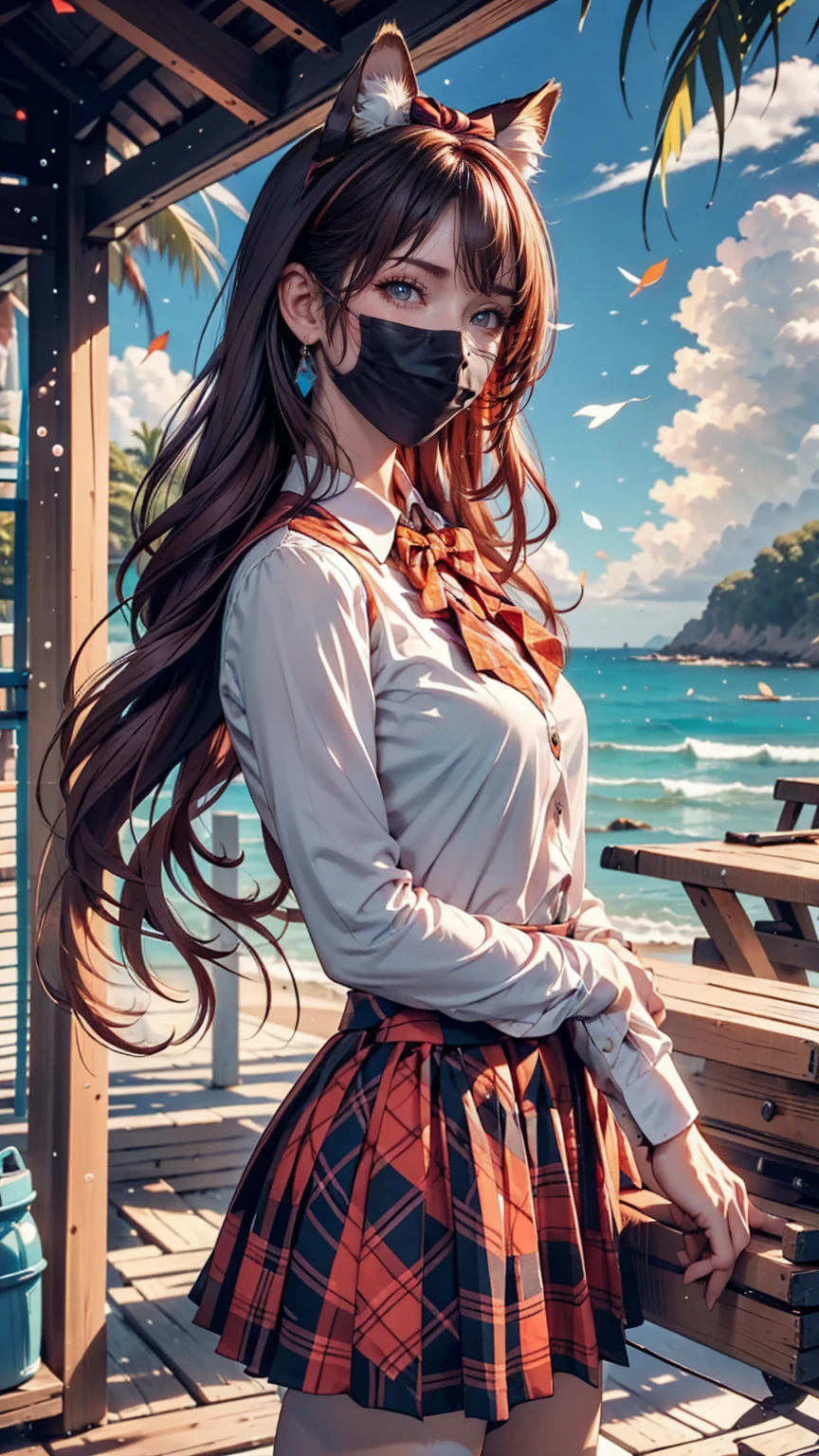 (One girl, size), (guitar alone), bubble skirt, aqua shirt, bow, bowtie, button, collared shirt, Expressionless, Eyebrows hidden by hair, fox mask, Cowboy Shot, Long Hair, Long sleeve, mask, multicolored button, Pink Eyes, Pink Hair, orange skirt, Plaid, Plaid shirt, purple bow, purple bowtie, shirt, skirt, alone, very Long Hair, Ocean, Ocean, Beach, cloudy, sunlight, evening, moon, cloud, null, Outdoor, cloudy null, leaf, Remains, Sunbeam, Post-apocalyptic, Side view