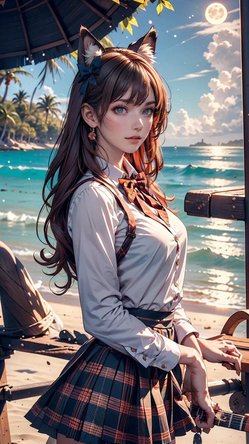 (One girl, size), (guitar alone), bubble skirt, aqua shirt, bow, bowtie, button, collared shirt, Expressionless, Eyebrows hidden by hair, fox mask, Cowboy Shot, Long Hair, Long sleeve, mask, multicolored button, Pink Eyes, Pink Hair, orange skirt, Plaid, Plaid shirt, purple bow, purple bowtie, shirt, skirt, alone, very Long Hair, Ocean, Ocean, Beach, cloudy, sunlight, evening, moon, cloud, null, Outdoor, cloudy null, leaf, Remains, Sunbeam, Post-apocalyptic, Side view