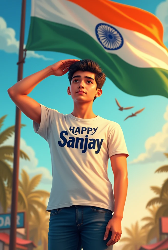 Prepare a photo in which a 17 year old boy is saluting the tricolor and the name Sanjay is written on the T- shirt and Happy Independence is written on the background.