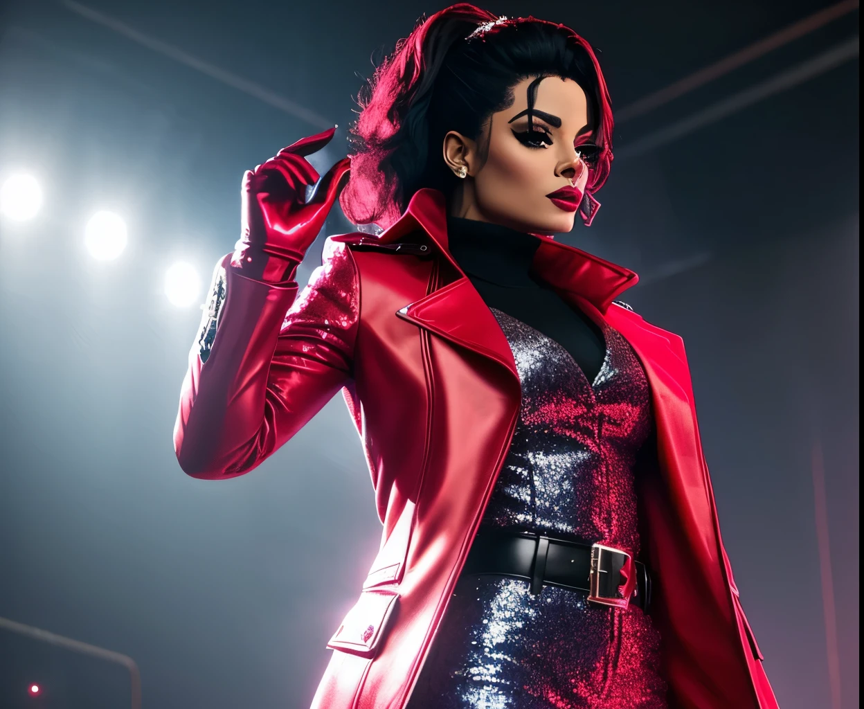 Women dressed like Michael Jackson, with a red jacket, With a glitter silver glitter glove in her hand, role model, cinematic style Sony A7rlll, stylized image, UHD quality.