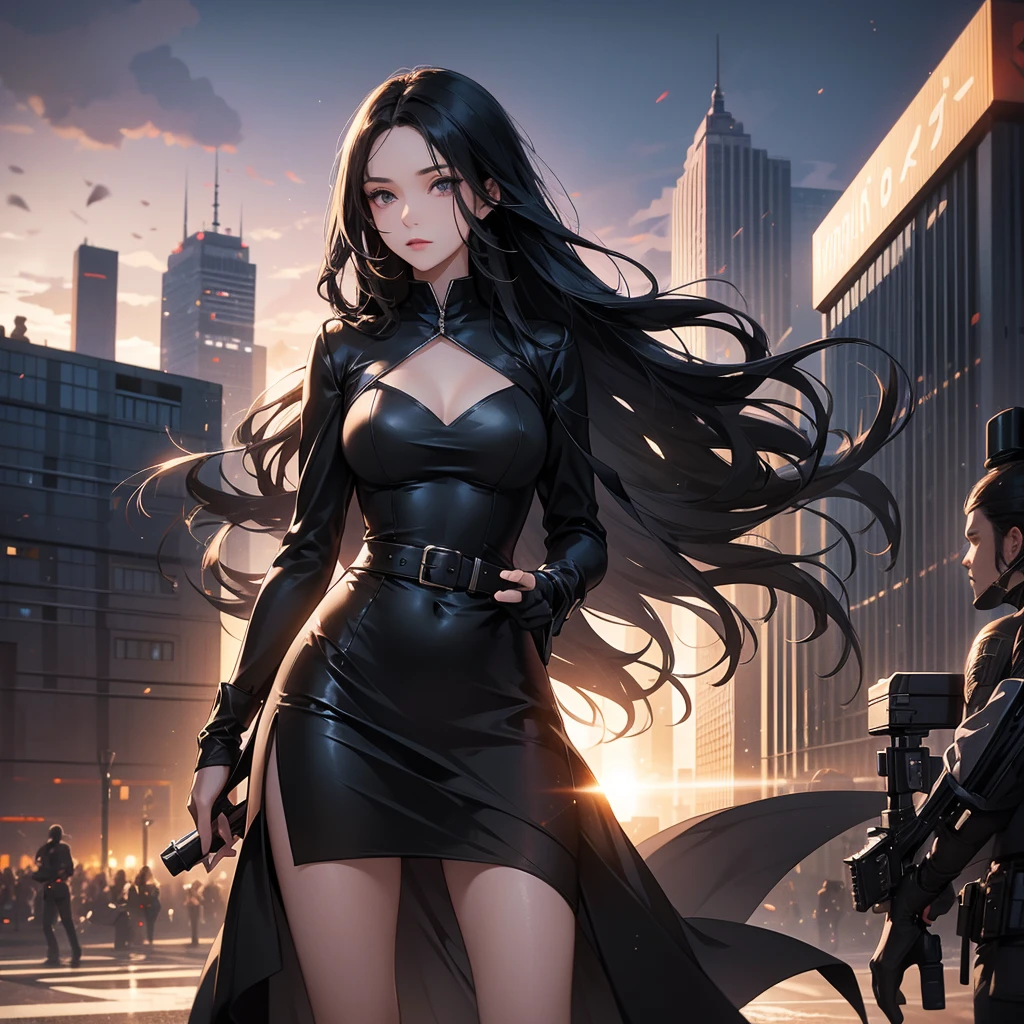 a beautiful woman with long black hair, wearing a tight black dress, standing holding a pistol, aiming the barrel at the bad guys, on a tall building, the sun is setting.