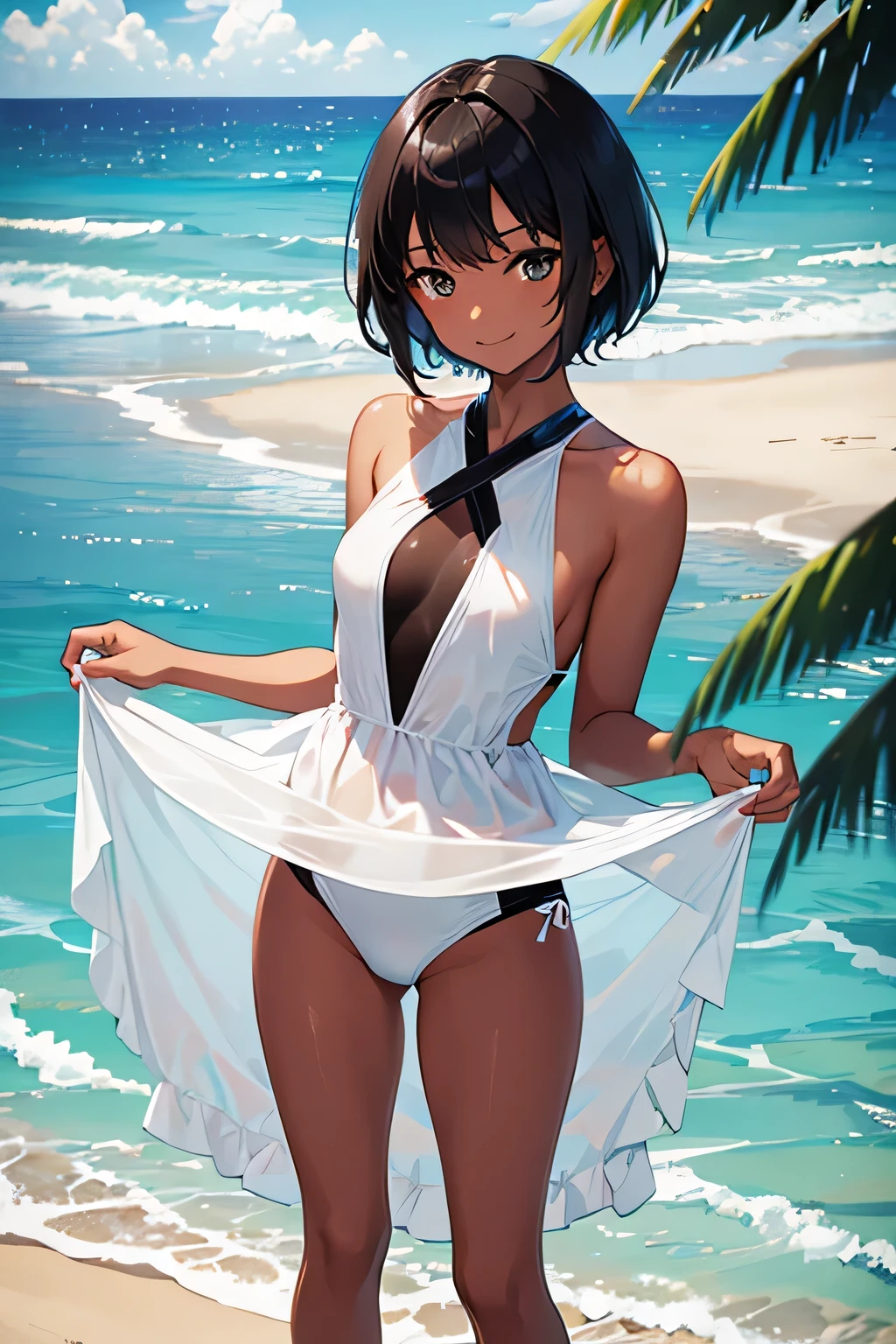 Ocean，Young Woman，Height 175cm，Are standing，Small Head，(Provocative smile)，short hair，Black Hair，(White swimsuit)，(Chocolate brown skin).