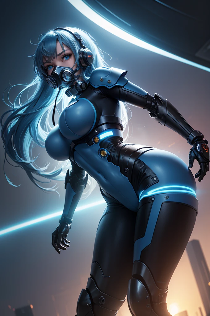 View from below angle from below girl mecha half cyborg, modifications, She has a curvy figure but a narrow waist., she has long blue hair, with blue eyes, with a gas mask on his face, cybernetic suit blue, costume parts with blue lights and LEDs, a multitude of glowing blue lines and lights, hands prosthetics, gorgeous body, short sports shorts that highlight her big wide hips, but it is covered by a mechanical suit, flat horizon photo, anime style pictures, на backgroundе изображения синее небо, clouds and lights and glare in large quantities, and also blue fog and smoke , background: blue sky with clouds