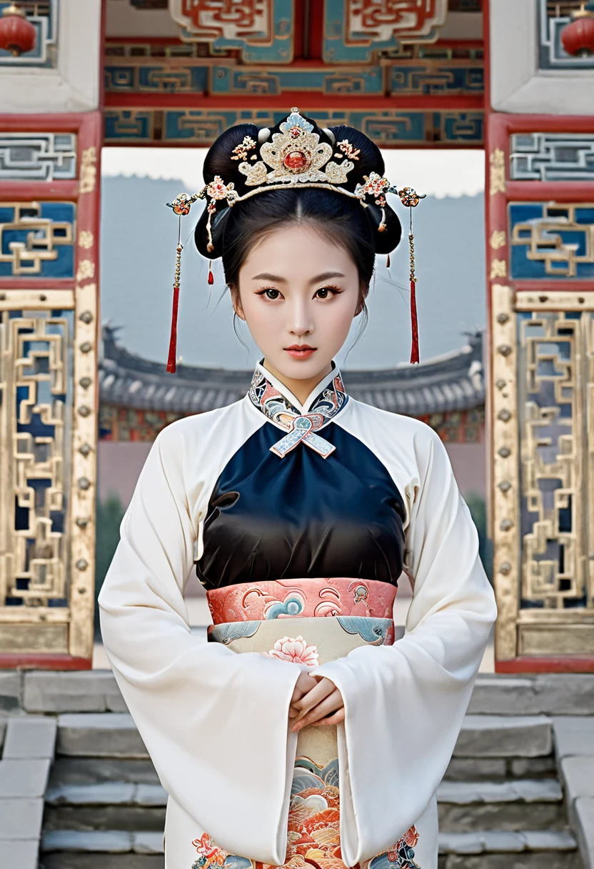 Stone letter M (pornographic pose) outside a Chinese palace during the Qing Dynasty A gorgeous Chinese courtesan with her hair tied on both sides A perverted and erotic woman wearing a crown and tying her hair is the backdrop for a gorgeous room of an empress in a Chinese court during the Qing Dynasty.