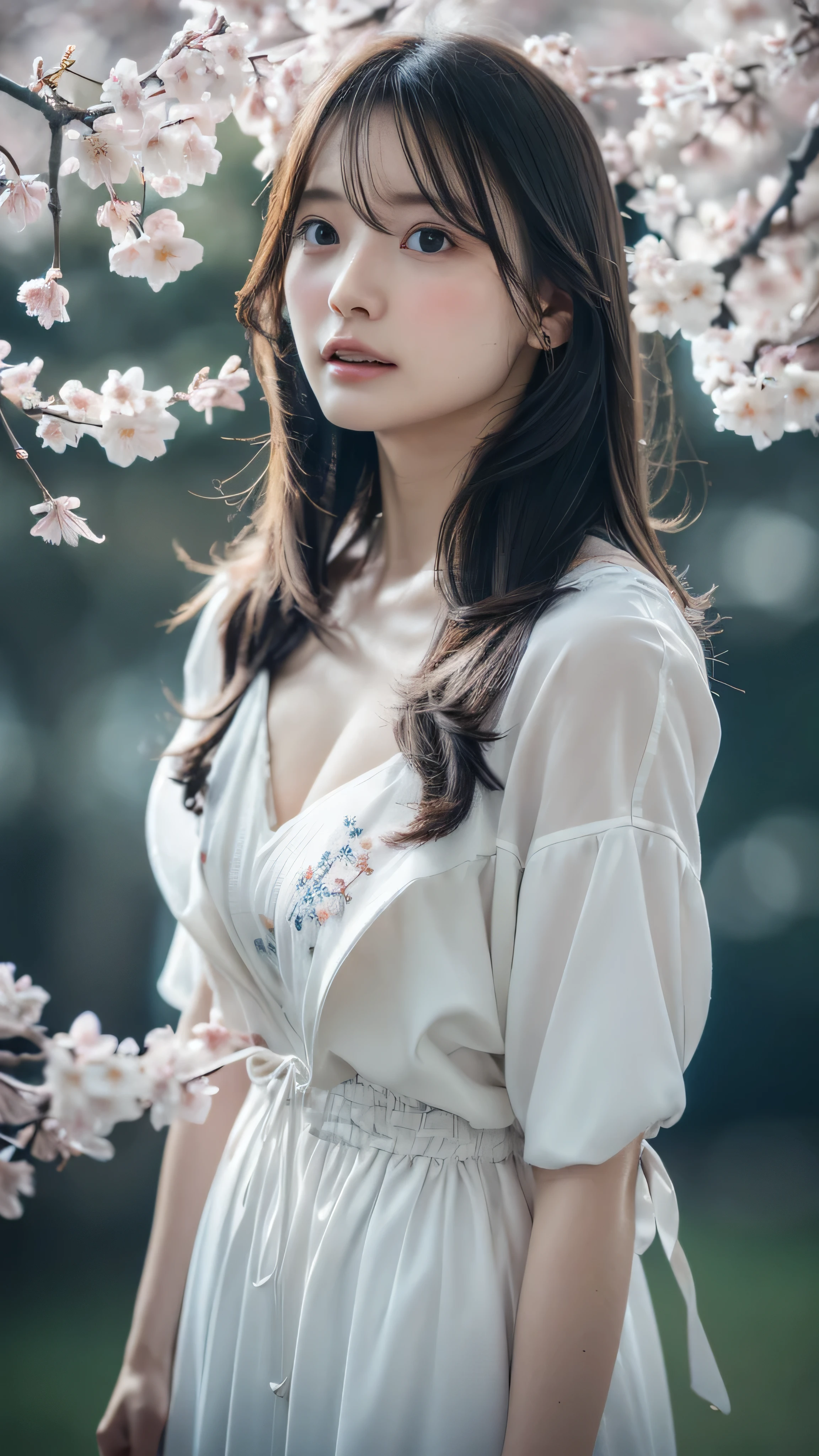 (A logo、masterpiece、8K、masutepiece、Raw photo、Fantastic、Best Quality、8K wallpaper that integrates photorealistic and high-definition CG、hightquality、ighly detailed、epic poem、Particle effect、Dynamic effects、depth of fields、Cinematic Light、Lens Flare、Ray tracing)、Fantasia、 (Beauty 1 person、White Japanese Clothing、Japanese dress、White cherry blossom pattern、White cherry blossom embroidery pattern、A dark-haired、Beautiful face、Real Face、beautiful details eyes beautiful skin)、Hair flutters in the wind、Hair jumps、Pink cherry blossom tree、Petals flutter、Sakura blizzard、Superb view、morning glow、Sun in the background、the wind、Deities、tusk、myth、Vast Land、