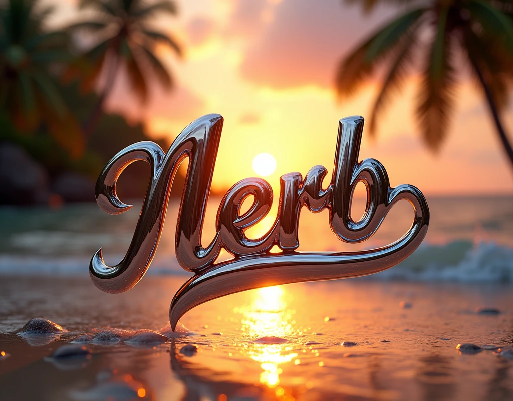 Insert polished chrome fancy script text into image, (text:"Nerb") The word, Poster with text, /( Nerb /) Character, polished chrome, logo, front face view, suspended in air, sunrise reflection in text, tropical island background.