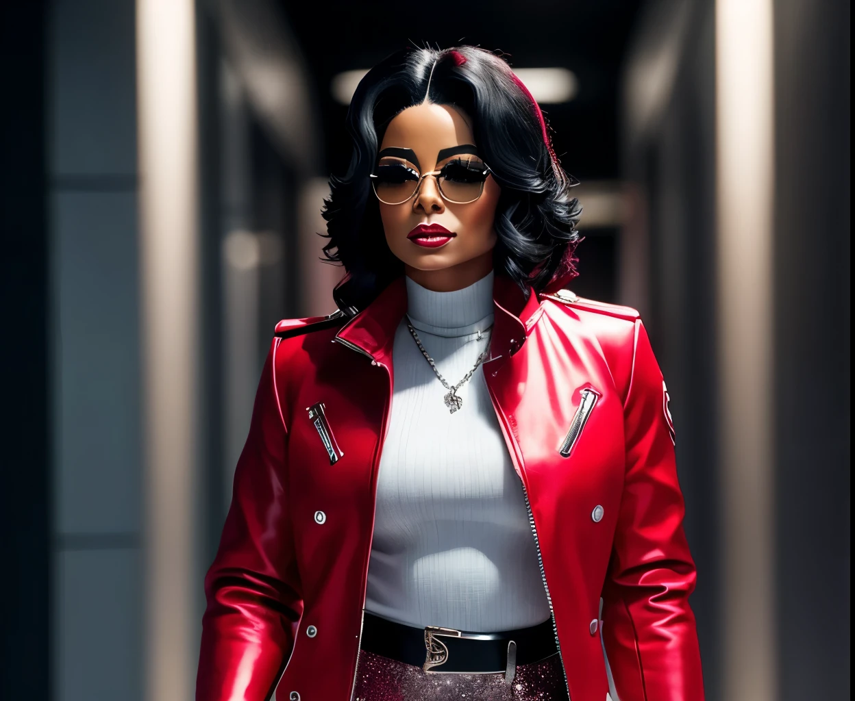 Women dressed like Michael Jackson, with a red jacket, With a glitter silver glitter glove in her hand, role model, cinematic style Sony A7rlll, stylized image, UHD quality.