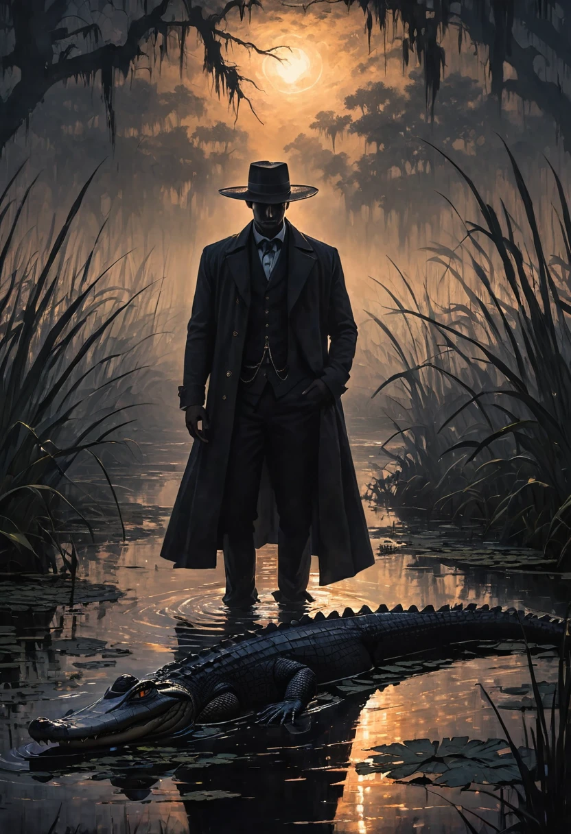 In the dimly lit swamp, a towering figure stands amongst alligators, his stetson hat casting shadows over his piercing eyes and dark, handsome features. The nighttime setting enhances the mysterious aura surrounding him. This striking image captures a tall man exuding a sense of power and danger amidst the eerie atmosphere of the marshland. With expert detail in the depiction of every element, from the texture of his clothes to the gleam in his eyes, this scene immerses viewers in a captivating blend of intrigue and allure. Close-up, dark skin, long hair