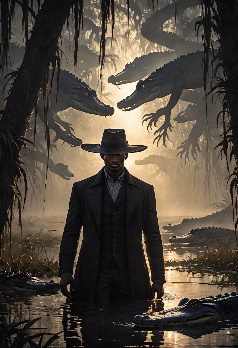 In the dimly lit swamp, a towering figure stands amongst alligators, his stetson hat casting shadows over his piercing eyes and dark, handsome features. The nighttime setting enhances the mysterious aura surrounding him. This striking image captures a tall man exuding a sense of power and danger amidst the eerie atmosphere of the marshland. With expert detail in the depiction of every element, from the texture of his clothes to the gleam in his eyes, this scene immerses viewers in a captivating blend of intrigue and allure. Close-up, dark skin, long hair