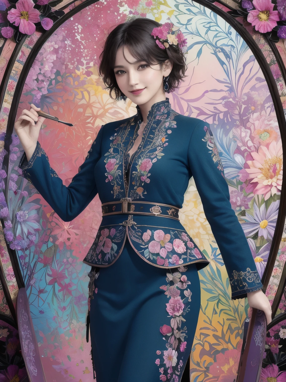271 (20-year-old woman,Short Hair), (masterpiece, Highest quality, aesthetic:1.2), Very detailed, (Fractal Art:1.1), (colorful:1.1), (flower:1.3), whole body, (Abstract background:1.3), (Many colors:1.4), (Archaic Smile), (Window)