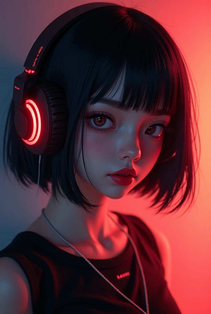 ((RAW Photo), absurd, (absurdresolution)), masterpiece, best quality, (Extremely detailed 8k unity CG wallpaper), (best illustration), (best shadow), Realistic lighting, beautiful detailed glow, ((21 years old)), girl, short black hair, red lipstick, wearing headphone (((Photographic Perspective of her)))