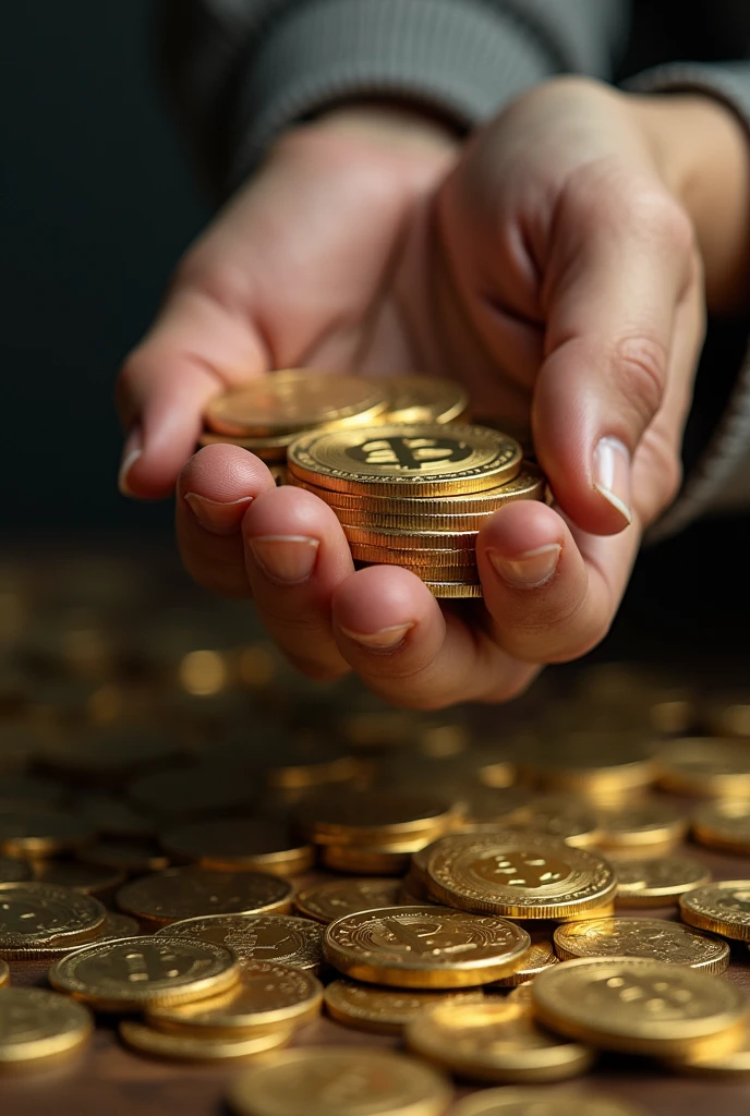 Create an image where there is a man surrounded by coins and gold and silver., In his hand he holds a little of said money