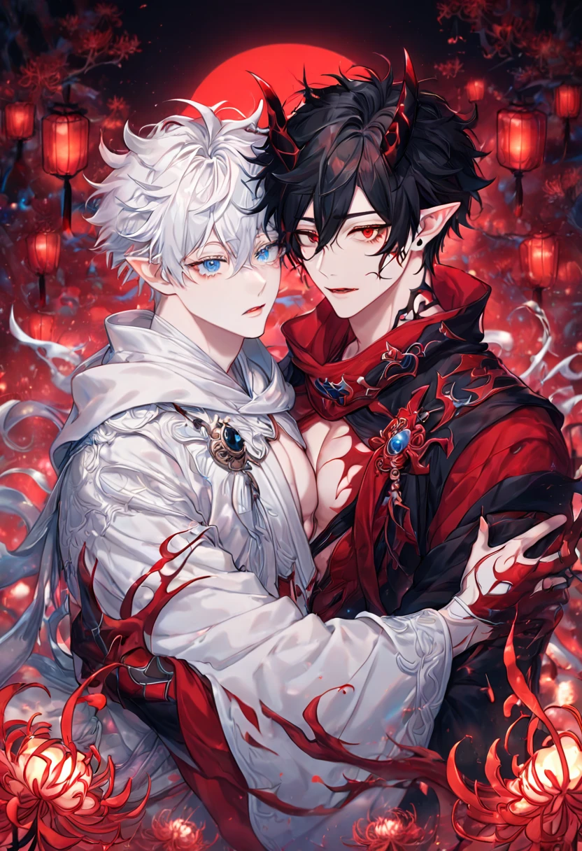 absurdres, highres, ultra detailed, HDR, master piece, best quality, extremely detailed face, delicated features, Xue Yu, untamed spiky hair, black hair, hair between the eyes, short hair,expressive red eyes, Thousand Years War, Gojou Satoru, white hair, messy hair, expressive blue eyes, white eyelashes, two sexy men together, gay couple, yaoi, manly man, handsome, demon, horns, slightly poited ears, showing the chest, black haori, red fantasy robes, white robes, accessories, spider lilies patterns, red moon, red blood water, fantasy, magic, envy magical, red trees, forest, red dust, red lanterns, red fire, red floating round lights, Jujutsu Kaisen