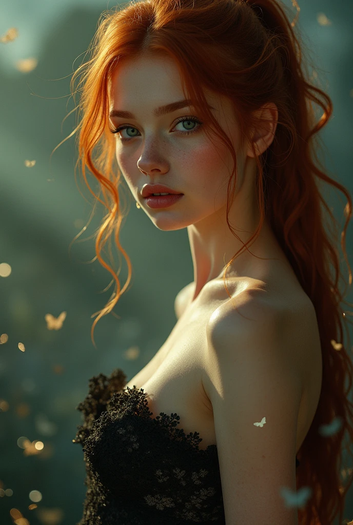 (solo, full body photo:1.3), (action packed:1.3), (haze, fog, mist:1.3), chiaroscuro, best quality, photorealistic, 1woman, (cute), (24yo:1.2), redhead, long ginger hair highly detailed, 1700'S, digital photography, art by artgerm and ruan jia and greg rutkowski surreal painting gold butterfly filigree, broken glass, (masterpiece, sidelighting, finely detailed Fashionable eyes: 1.2) (perfect oval large eyes that gazes at the viewer), beautiful detailed face, blue gorgeous perfect eyes, (blonde hair ponytail), (attractive young woman:1.3), (thick amazing hair), (seductive:1.1), (blushing:1.1)