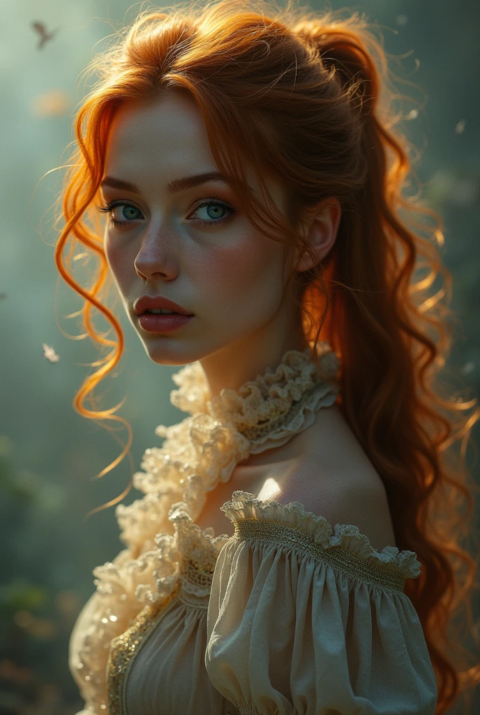 (solo, full body photo:1.3), (action packed:1.3), (haze, fog, mist:1.3), chiaroscuro, best quality, photorealistic, 1woman, (cute), (24yo:1.2), redhead, long ginger hair highly detailed, 1700'S, digital photography, art by artgerm and ruan jia and greg rutkowski surreal painting gold butterfly filigree, broken glass, (masterpiece, sidelighting, finely detailed Fashionable eyes: 1.2) (perfect oval large eyes that gazes at the viewer), beautiful detailed face, blue gorgeous perfect eyes, (blonde hair ponytail), (attractive young woman:1.3), (thick amazing hair), (seductive:1.1), (blushing:1.1)
