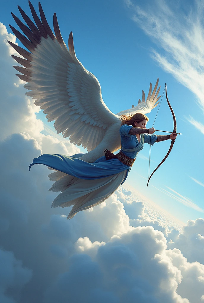 Air Mage wielding a bow an arrow a flying above the sky controlling the winds with a giant falcon