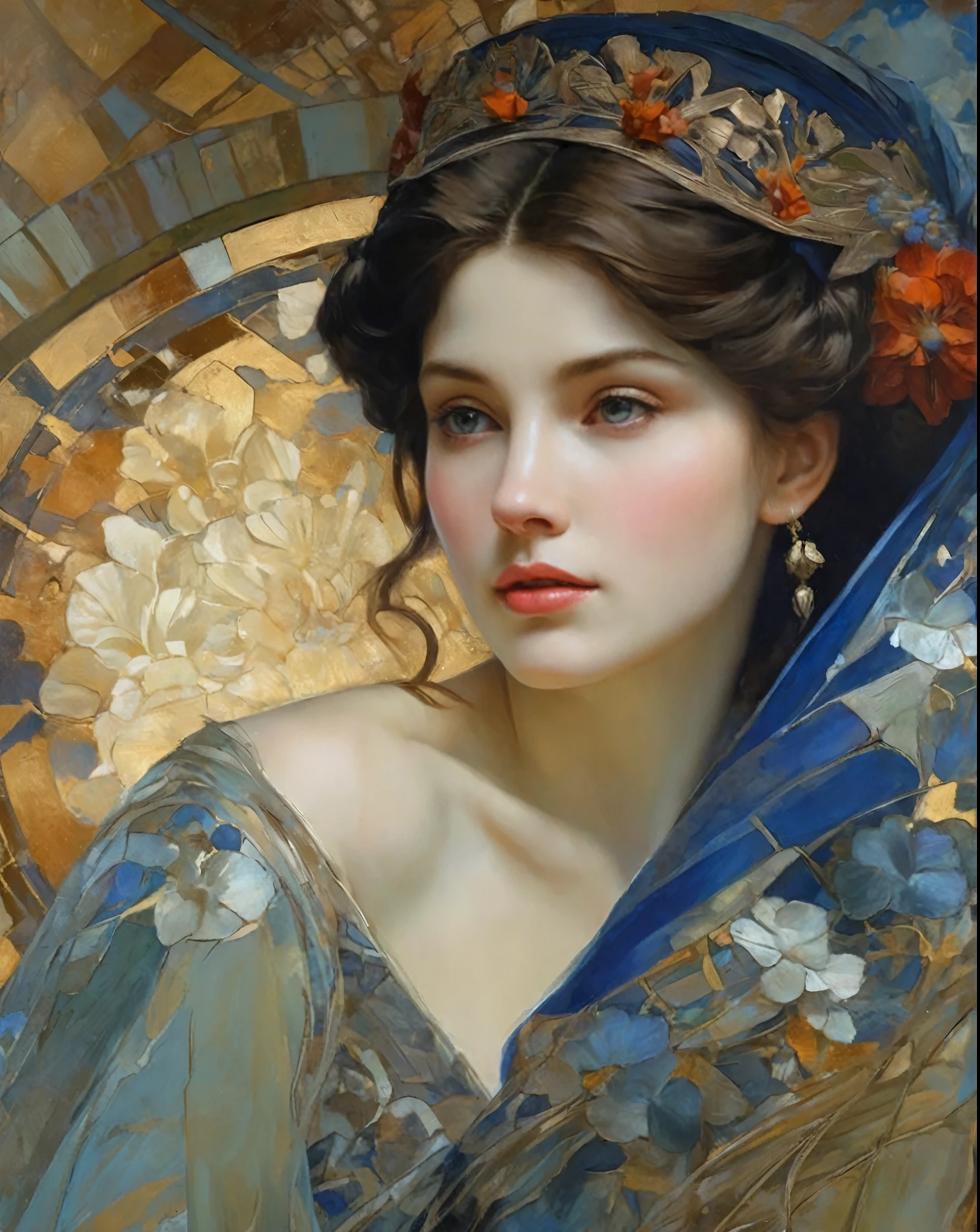 A painting depicts a woman wearing a blue veil and a flower headdress, The Art of Edward Beeson, Portrait of a beautiful goddess, Flying style 4k, Alphonse Mucha Magali Villeneuve, Surrealism Art Nouveau, Beautiful girl, Craig Mullins Alphonse Mucha, A Stunning Portrait of a Goddess, Beautiful character painting, Beautiful art UHD 4K