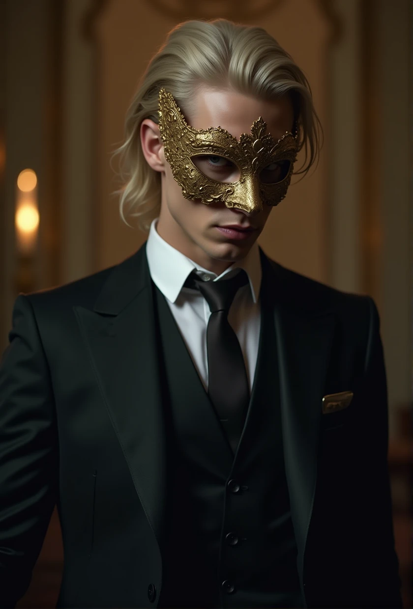 a man with a mask, golden details, blonde yellow and white hair, thin face, detailed face, sharp features, elegant, mysterious, dramatic lighting, cinematic, chiaroscuro, rich colors, ornate, majestic, intricate, ornamental, luxurious, regal, high quality, photorealistic, cinematic, dramatic, masterpiece