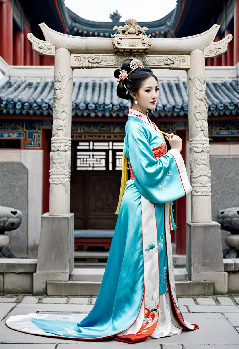 Stone letter M (pornographic pose) outside a Chinese palace during the Qing Dynasty A gorgeous Chinese courtesan with her hair tied on both sides A perverted and erotic woman wearing a crown and tying her hair is the backdrop for a gorgeous room of an empress in a Chinese court during the Qing Dynasty.