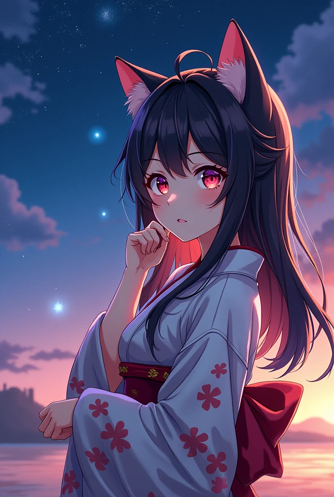 Anime girl with cat ears wearing a kimono with cat ears, shoulder looks, Anime Drawing by Yang Jay, Pixiv competition winner, serial art, digital anime illustration, Kawashi, anime style illustration, anime in 4k style, beautiful anime portrait, anime style portrait, anime style work, Works in the style of Gouweiz, Anime Illustrations, digital anime art, Detailed digital anime art, Beautiful starry sky, ((Beautiful night view))