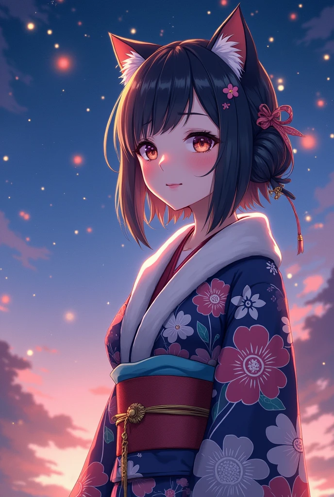 Anime girl with cat ears wearing a kimono with cat ears, shoulder looks, Anime Drawing by Yang Jay, Pixiv competition winner, serial art, digital anime illustration, Kawashi, anime style illustration, anime in 4k style, beautiful anime portrait, anime style portrait, anime style work, Works in the style of Gouweiz, Anime Illustrations, digital anime art, Detailed digital anime art, Beautiful starry sky, ((Beautiful night view))