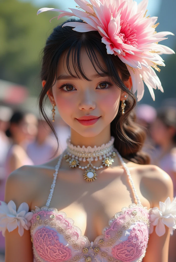 (masterpiece,best quality:1.4),(8k,raw photo,photo realistic:1.2),(shiny skin),detailed skin,detailed face,detailed eyes,Sparkling eyes:1.3,Symmetrical eyes,Detailed Background,detailed hand,1girl,natural make-up,((cute teen)),(white Flashy and colorful costumes), natural breasts,young trendy hair, ((Teen average breast)),(((Little Teen Samba Girl))),((shiny cleavage)), (very beautiful cute), (beautiful asian),, girl cute-fine-face,,Cute smile, (super detailed Samba Costume Fancy design,trend),nsfw,sexy Instagram style,,face of the Golden Ratio,Samba Carnival in Japan,(((Japanese teenagers))),Great location, (cowboy shot),breast angle