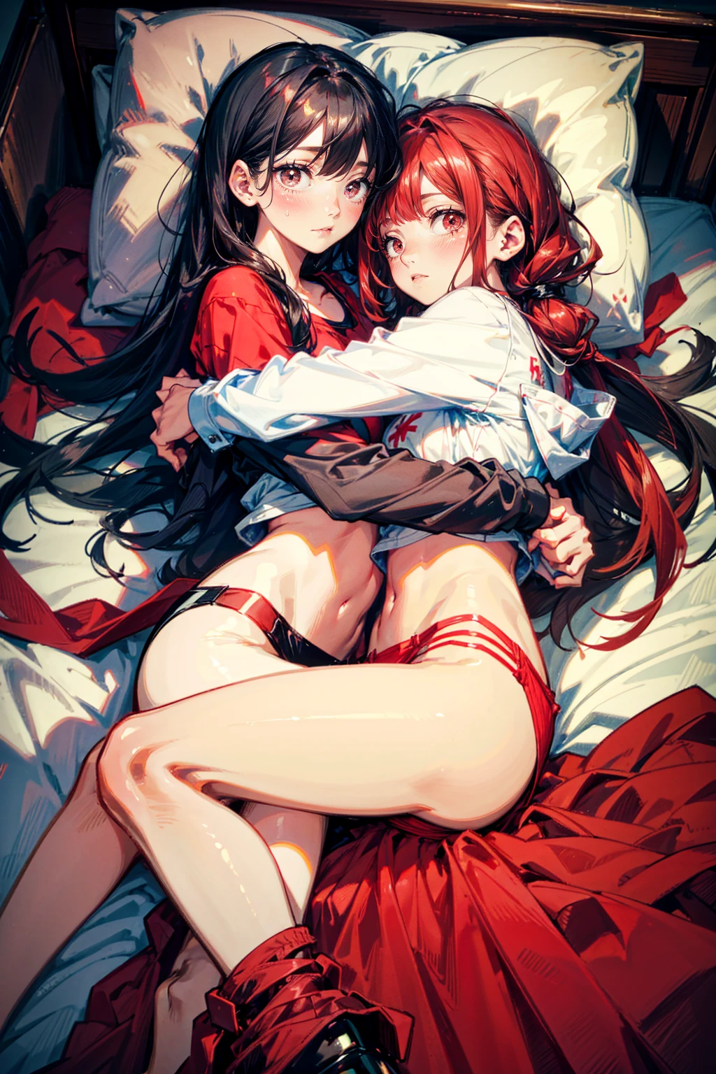 2girls,cute black hair and black eyes girl,cool red hair and red eyes girl,under wear,on the bed,hug