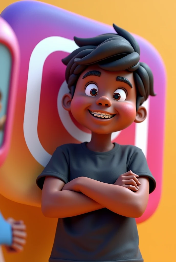Create a 3D illustration of an animated brunette character standing with arms crossed casually next to a social media logo "instagramart". The character must wear a black t-shirt, short hair, darkskin, slightly slanted eyes, has a chubby body , and braces on his teeth holding an iPhone. The background of the image is a social media profile page with the username "bruno photographs " and a matching profile photo.