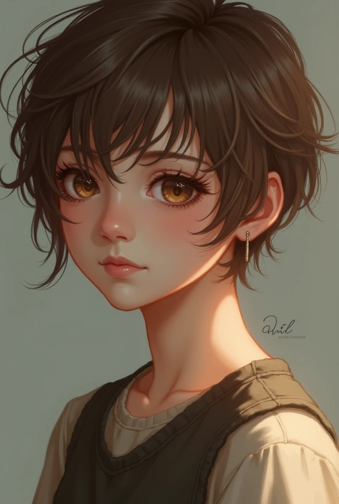 Person with more or less short hair and light brown eyes