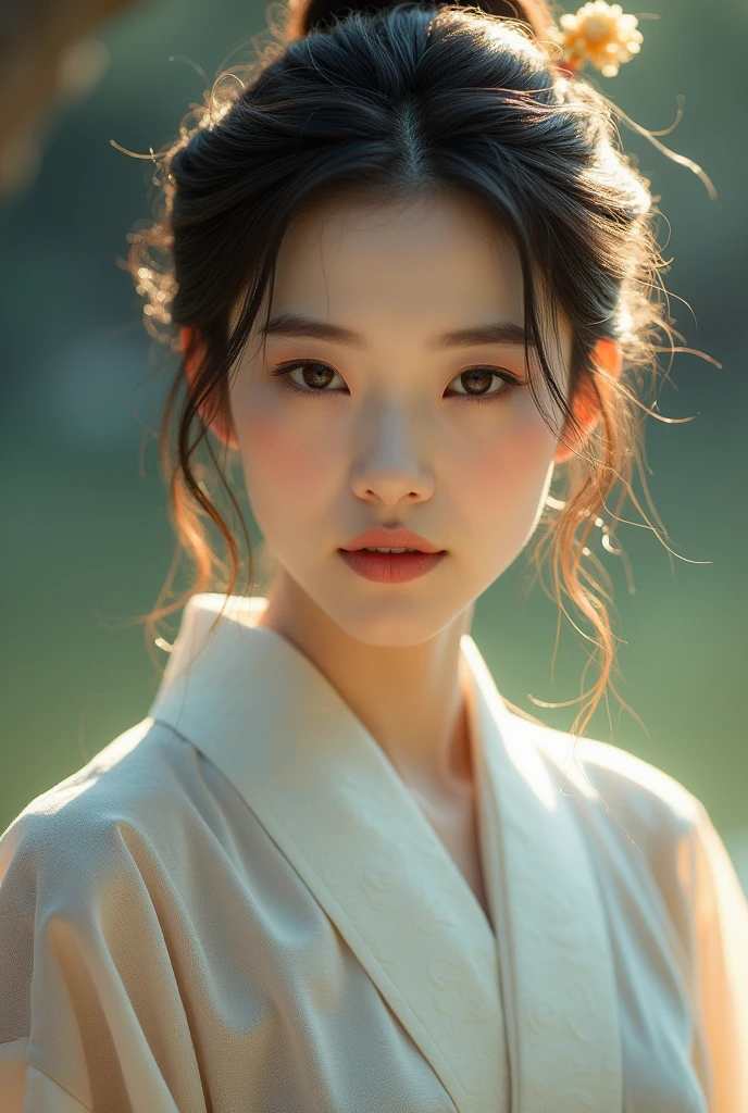A Japanese woman elegantly dressed under natural lighting, with a close-up capturing both her breasts and her serene facial expression, showing her inner peace and outward charm.