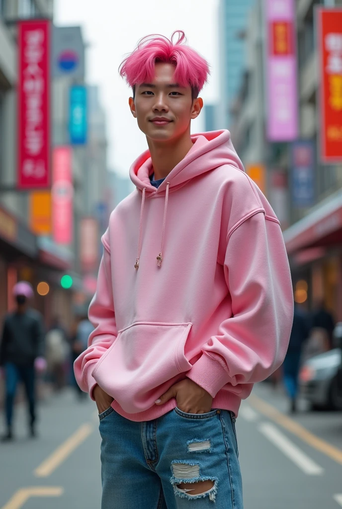Cute Korean guy with pink hair and street fashion