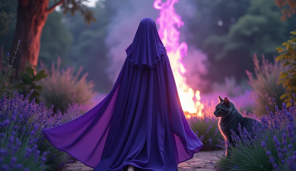 woman with violet priestess cloak, facing a bonfire with violet fire, in the garden of your house, convey depth, lots of plants and lavender and a big gray tabby cat keeping you company 