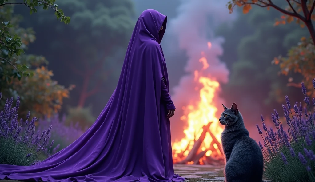 woman with violet priestess cloak, facing a bonfire with violet fire, in the garden of your house, convey depth, lots of plants and lavender and a big gray tabby cat keeping you company 