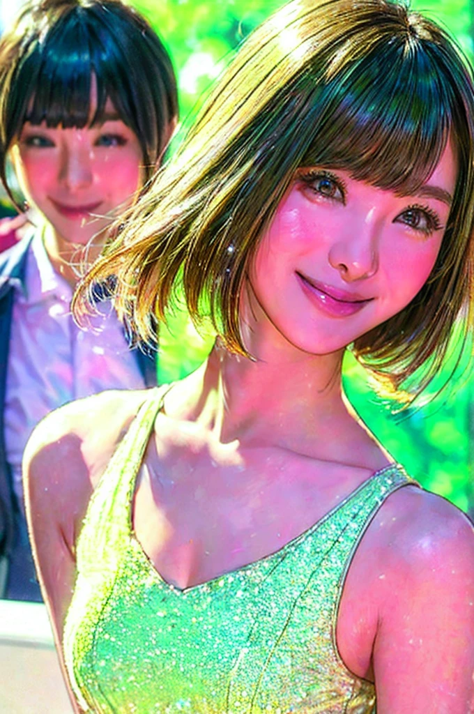 image quality:Highest Quality
Camera Focus: Blur the background
light:sidelight
person:20-year-old female,Gal model 、
Bright light、
Hairstyle: Short Bob、With bangs
dress:Gal、Hysterical glamour expression: The best smile、
flowerpunk、Sparkling light particles、
Vivid gradient effect