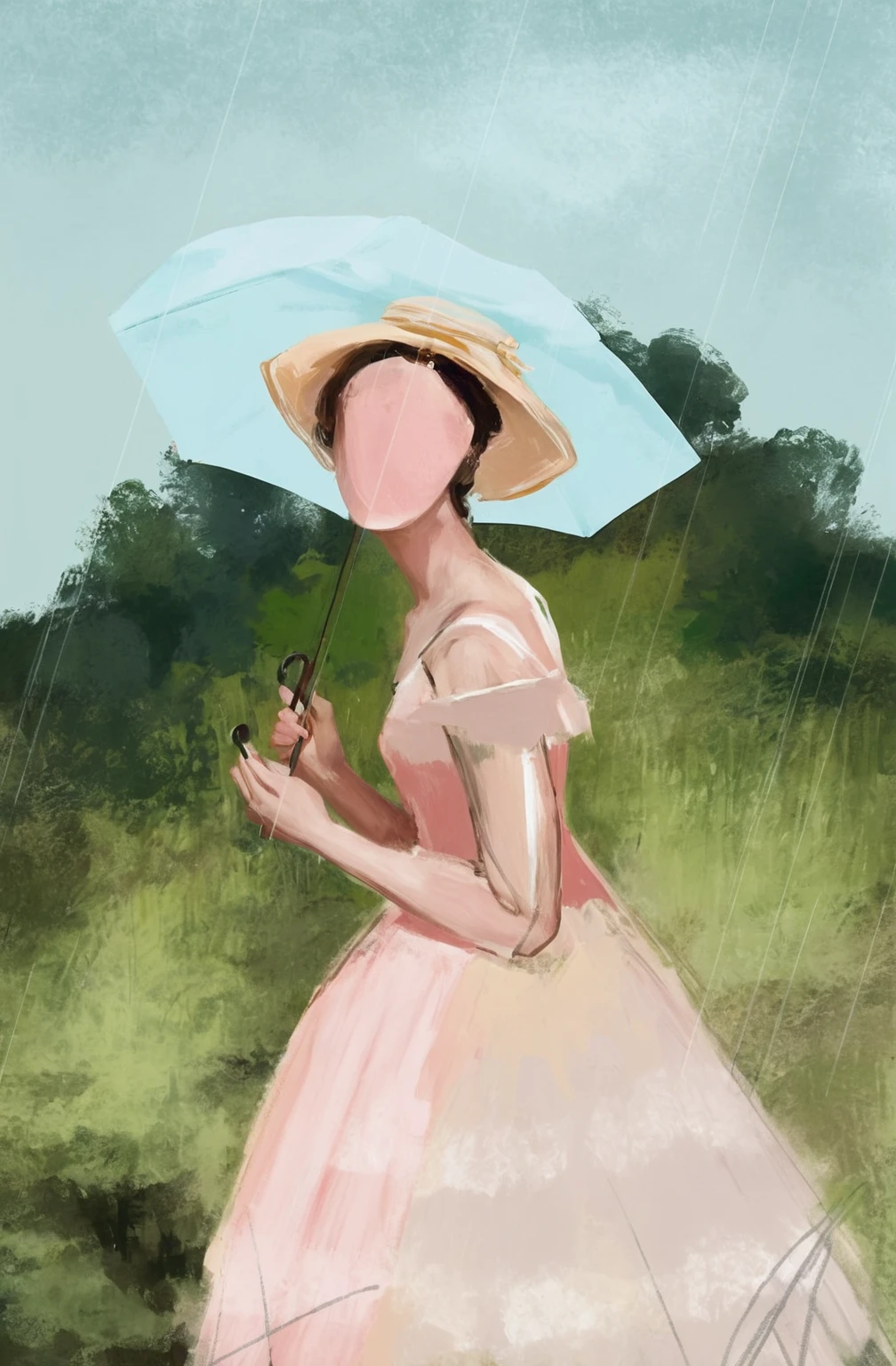 painting of a woman in a pink dress and hat holding a blue umbrella, inspired by Henriette Wyeth, painterly illustration, inspired by Francesco Hayez, a digital painting, standing with a parasol, in style of digital painting, an expressive digital painting, inspired by George Caleb Bingham, 1 8 5 0 s style painting, inspired by Harriet Backer