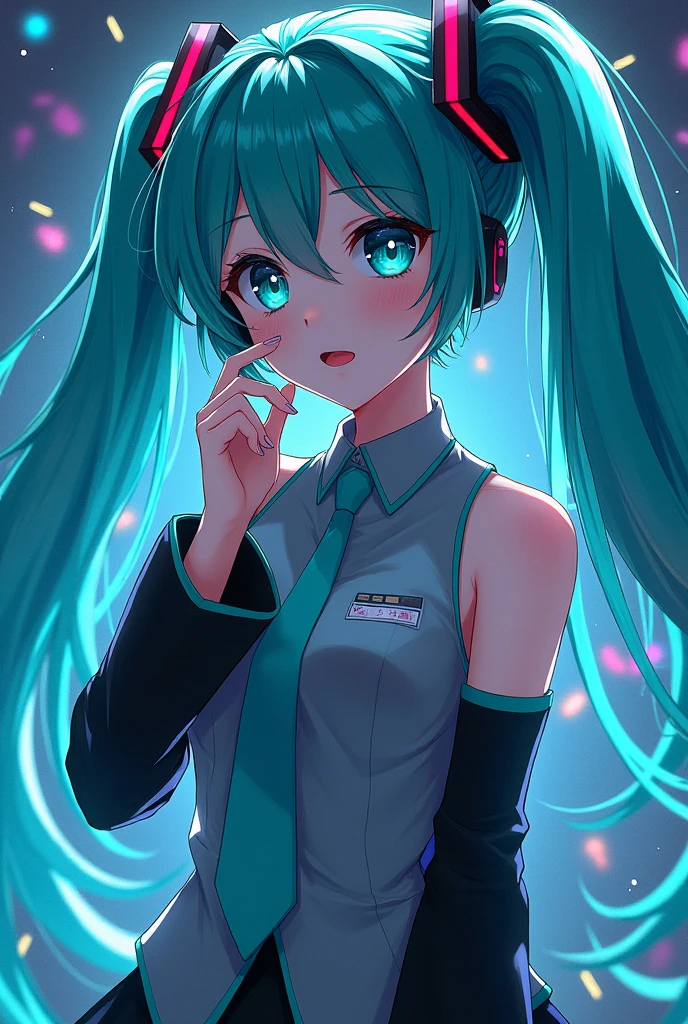 Movie Poster page, (promotional poster), Hatsune Miku, 1female, solo, humanoid android, teal hair, teal eyes, singer's uniform, headset, WeirdOutfit style, concert, Nippon Budokan, glowneon, glowing, sparks, lightning, shadow minimalism, (best quality), (masterpiece), detailed, beautiful detailed eyes, perfect anatomy, perfect body, perfect face, perfect hair, perfect legs, perfect hands, perfect arms, perfect fingers, detailed hair, detailed face, detailed eyes, detailed clothes, detailed skin, ultra-detailed, (full body), (upper body), (top quality), pop art, extremely detailed, extremely detailed CG, (high resolution), highly detailed, (high quality), (perfect quality), (glitchcore colors)
