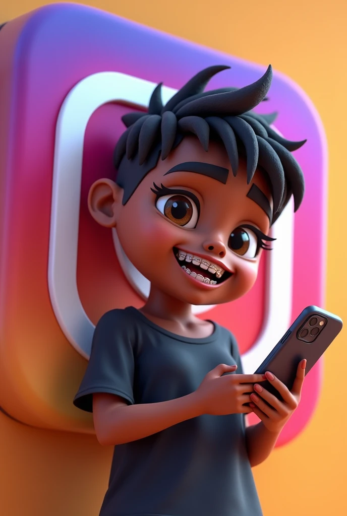 Create a 3D illustration of an animated brunette character standing with arms crossed casually next to a social media logo "instagramart". The character must wear a black t-shirt, short hair, darkskin, slightly slanted eyes, has a chubby body , and braces on his teeth holding an iPhone. The background of the image is a social media profile page with the username "bruno photographs " and a matching profile photo.