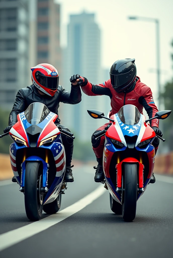 Two guys on red, white, and blue sport bikes fist bunping