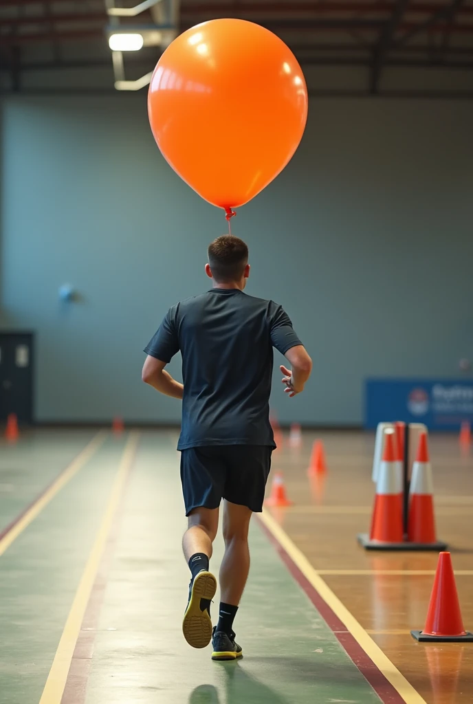 One man running out with a balloon behind him and the floor has some sport cones and is demarked like a track