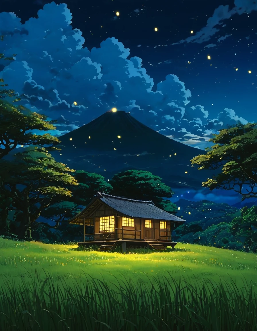 masterpiece!!!!     8k GHIBLI ANIME STYLE!!!!!      a cabin under a tree clouds hill golden clouds lighting°°°° anime 8k fireflies grass night stylo anime ghibli,     under tree,      you grow a night sky,    clouds animated lighting!!!!!!      and shadow,   firefly golden leaves  