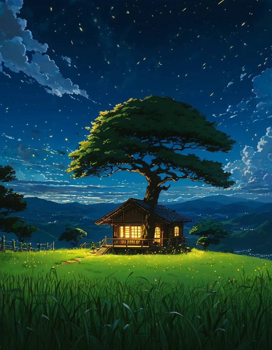 masterpiece!!!! 8k GHIBLI ANIME STYLE!!!!! a cabin under a tree clouds hill golden clouds lighting°°°° anime 8k fireflies grass night stylo anime ghibli, under tree, you grow a night sky, clouds animated lighting!!!!!! and shadow, firefly golden leaves